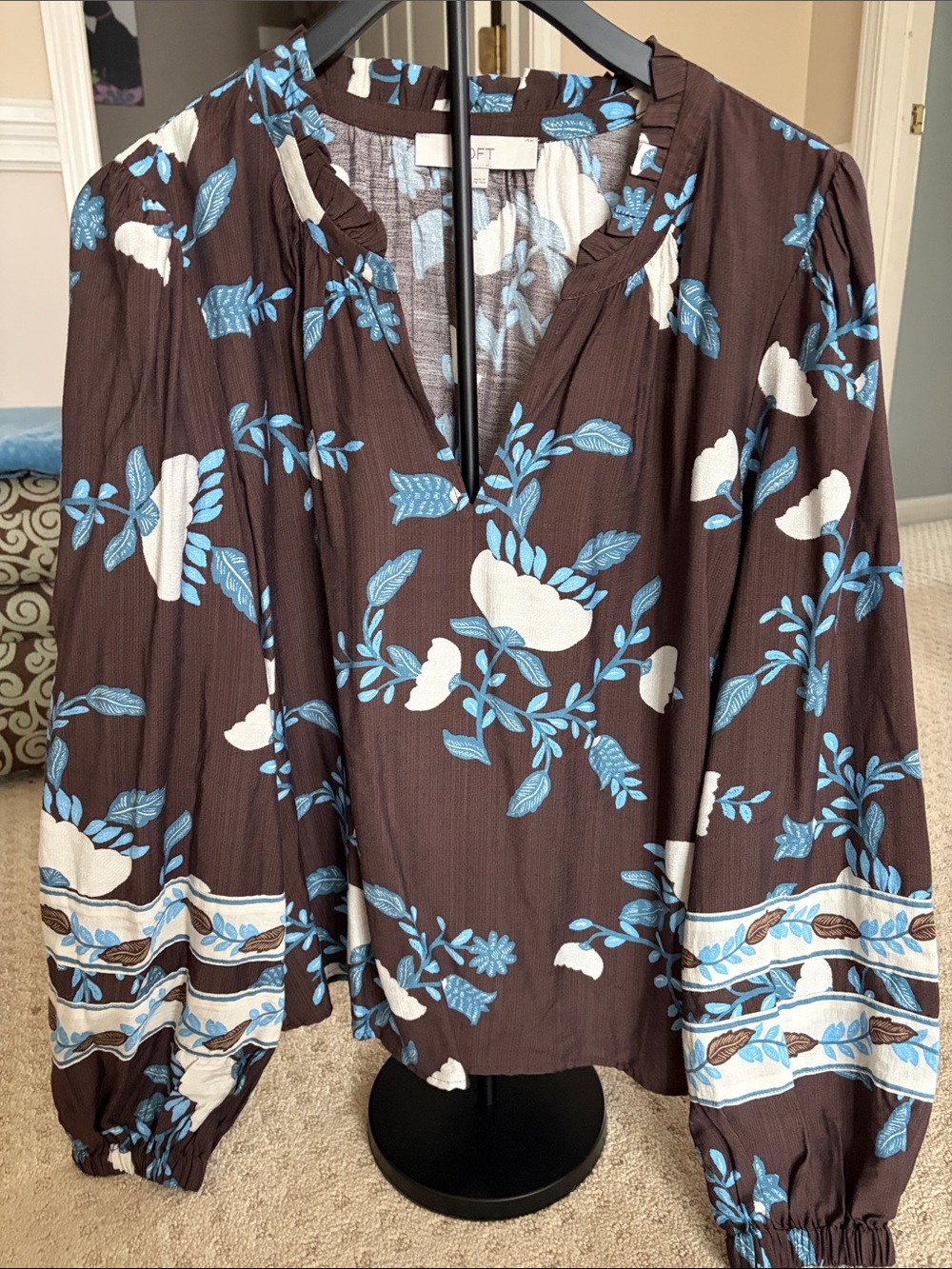 LOFT Brown Blouse with Blue & White Floral Print